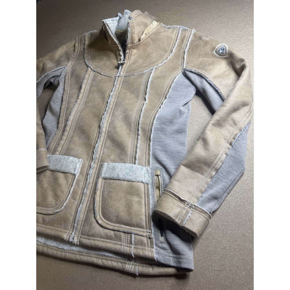 Kuhl Projekt Womens Tan Fleece Lined Full Zip Jacket Faux Suede Shearling Trim S